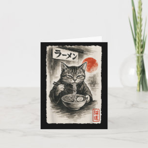 Cartão Gato Engraçado Comendo Macarrão Ramen Sumi-e Japon