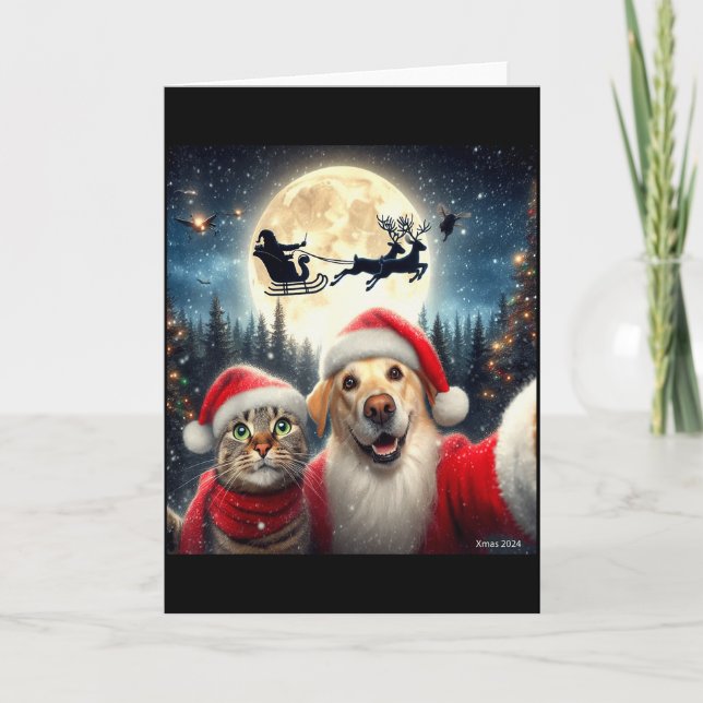 Cartão Gato Engraçado E Cachorro Selfie Com Papai Noel Na (Frente)