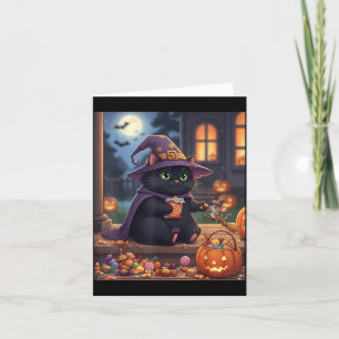 Cartão Gato Engraçado e Rato Fofo de Halloween Abóbora Pr