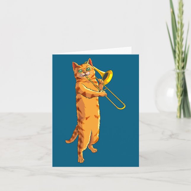 Cartão Gato Engraçado Tocando Trombone Presente Gatinho M (Frente)