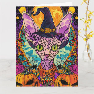 Cartão Gato Esfinge Assustador, Bruxa e Abóbora de Hallow