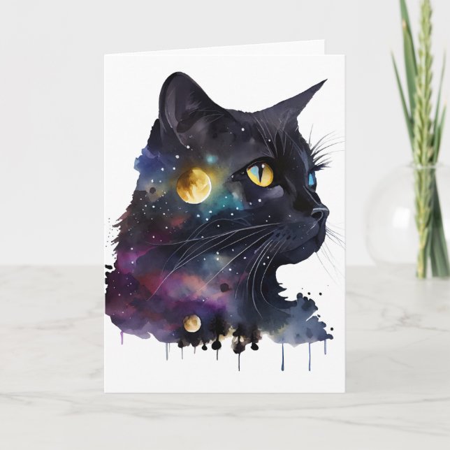 Cartão Gato Espacial Preto Bonito de Aquarela Cósmica (Frente)