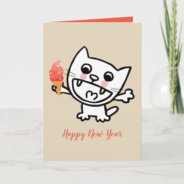 Cartão Gato Feliz Com Sorvete (Frente)