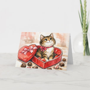 Cartão Gato Feliz em uma Caixa de Coração de Doce de Dia