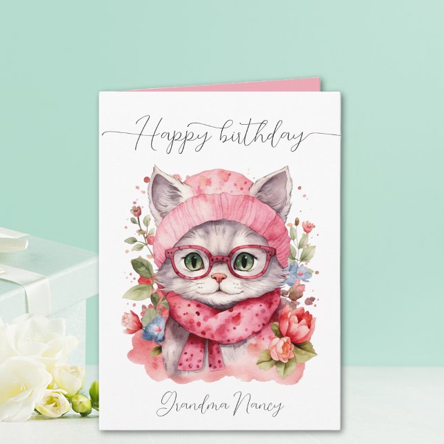 Cartão Gato Floral Gato Gato Gato Gafado Feliz Aniversári (Cute Watercolor Floral Cat Grandma Happy Birthday Card)