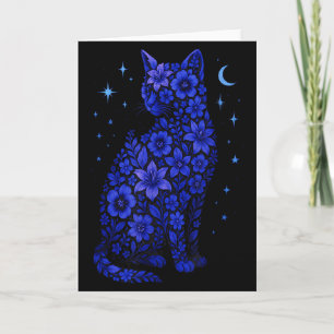 Cartão Gato Flores Lua Estrelas