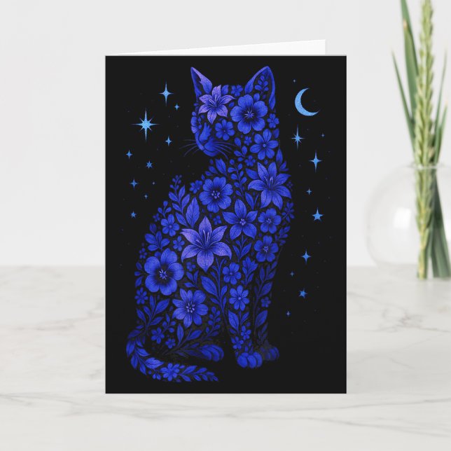 Cartão Gato Flores Lua Estrelas  (Frente)