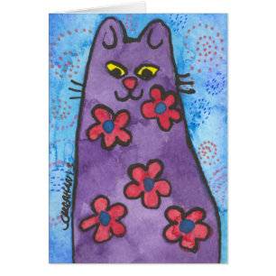 Cartão Gato florescido roxo do divertimento
