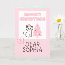 Cartão Gato Fofo de Chapéu de Papai Noel & Árvore Meowy N