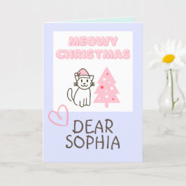 Cartão Gato Fofo de Chapéu de Papai Noel & Árvore Meowy N