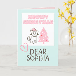 Cartão Gato Fofo de Chapéu de Papai Noel & Árvore Meowy N