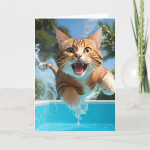 Cartão Gato Fofo Nadando Mergulhando na Piscina Cômico Br