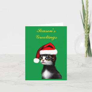 Cartão Gato Fofo Usando um Chapéu de Papai Noel em Branco