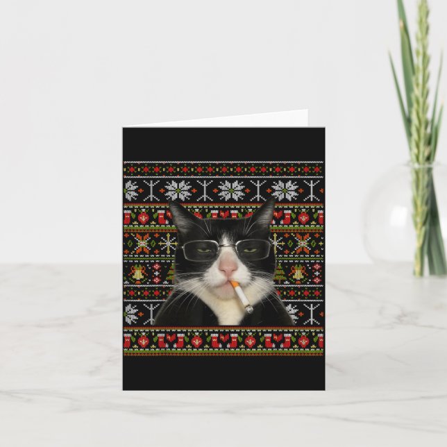 Cartão Gato Fumante Engraçado Meme Natal Suéter Feio Gato (Frente)