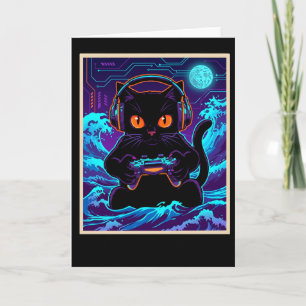 Cartão Gato Gamer Divertido Arte Retro Neon Noite de Jogo