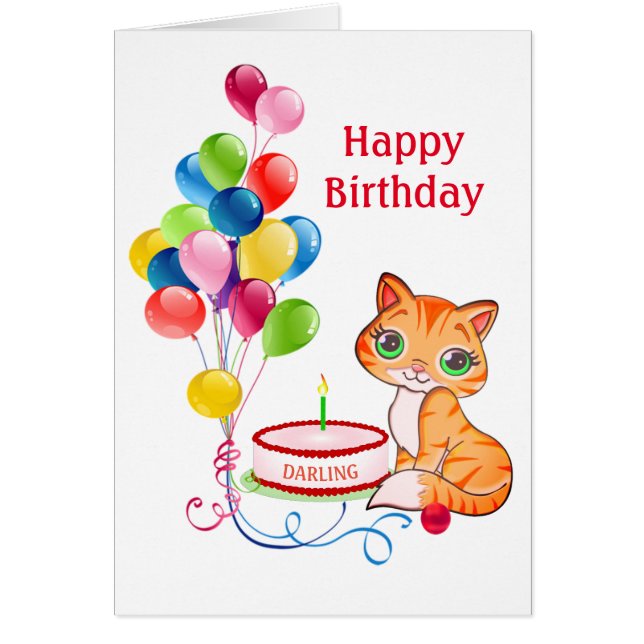 Cartão Gato gatinho de aniversário e balões multicolorido (Frente)