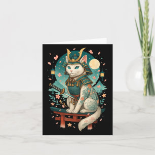 Cartão Gato Japonês Flor de Cerejeira Samurai Luar