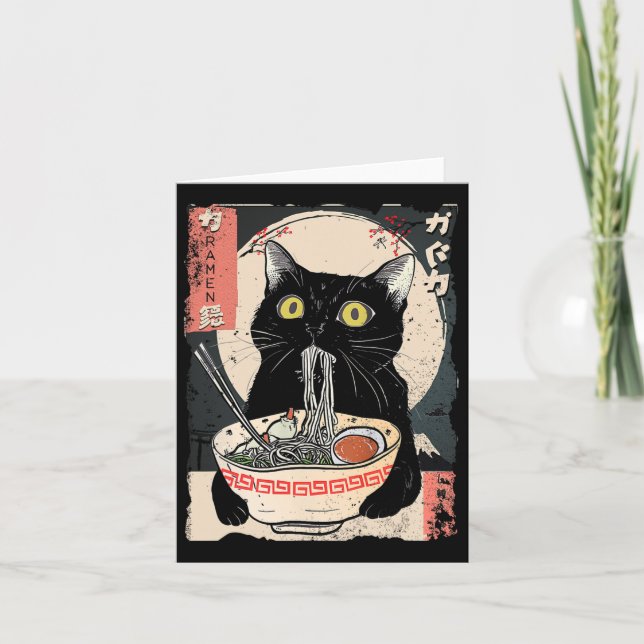 Cartão Gato Kawaii Comendo Macarrão Ramen Presente Divert (Frente)