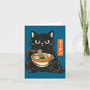 Cartão Gato kawaii japonês retrô comendo macarrão ramen
