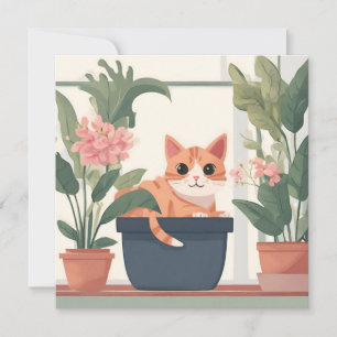 Cartão Gato Laranja em um Vaso de Flores 