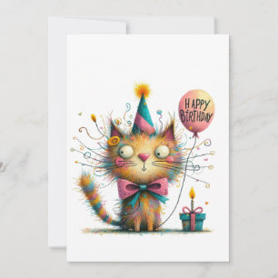 Cartão Gato Laranja Excêntrico com Chapéu de Festa e Bolo