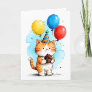 Cartão Gato Laranja Fofo com Bolo de Aniversário Infantil