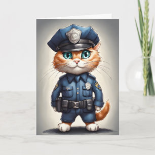 Cartão Gato Laranja Fofo em Arte Aquarela de Uniforme Pol
