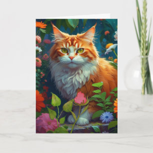 Cartão Gato Laranja Fofo em Flores Pensando em Você