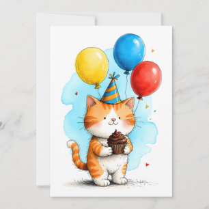 Cartão Gato Laranja Fofo, Feliz Aniversário do Kid Cupcak