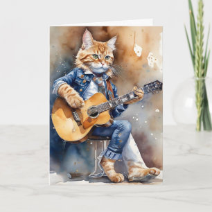 Cartão Gato Laranja Listrado Rock Star Tocando Violão