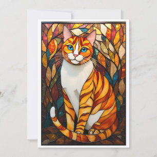 Cartão Gato Laranja Olhos Azuis Vidro Colorido Estilo Pla