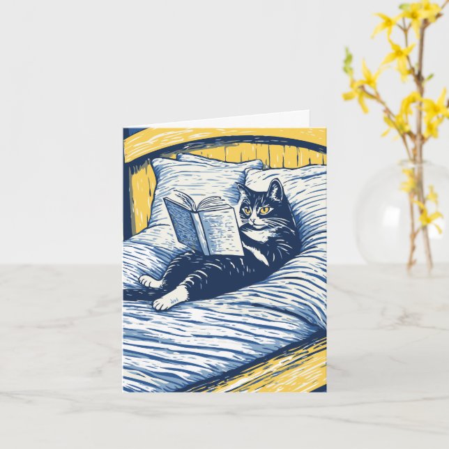 Cartão gato lendo na cama (Flor Amarela)