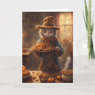Cartão Gato listrado em um disfarce de espantalho Hallowe