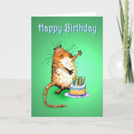 Cartão gato louco e bolo de aniversário e velas, humor,