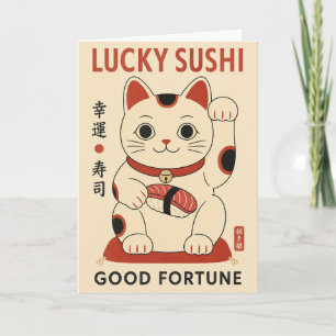 Cartão Gato Lucky Sushi Maneki Neko Ilustração, Japonês
