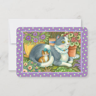 CARTÃO GATO-MÃE E COZINHO, FLORES, ARCOS E LACE