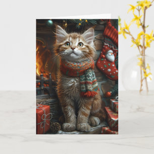 Cartão Gato Maine Coon Com Presentes de Natal Lareira