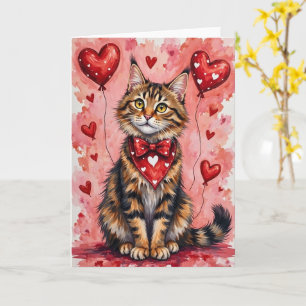 Cartão Gato Maine Coon no Dia dos Namorados Sentado com C