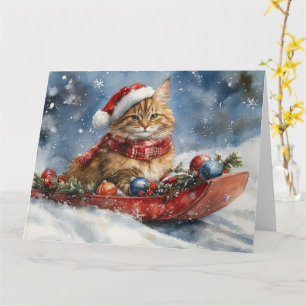 Cartão Gato Maine Coon no Trenó Deixe Nevar Natal