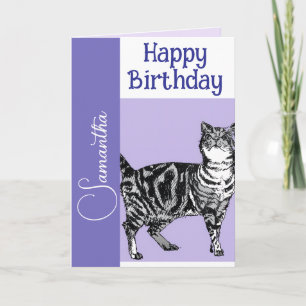 Cartão Gato Malhado Gatos Roxo Pet Meninas Nome Aniversár