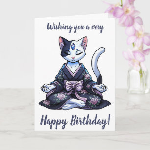 Cartão Gato Meditativo Místico em Kimono Floral