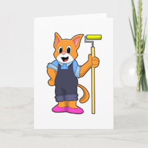 Cartão Gato na Colocação de Papel de Parede com Rolo de P