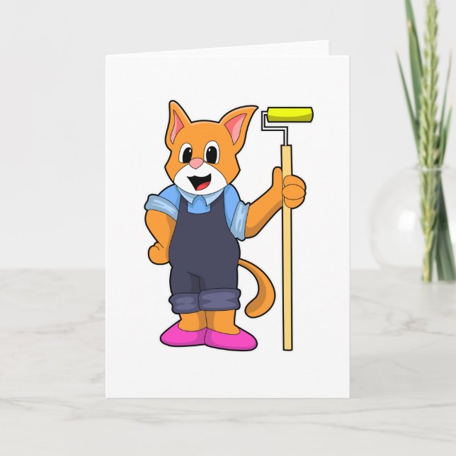 Cartão Gato na Colocação de Papel de Parede com Rolo de P (Frente)