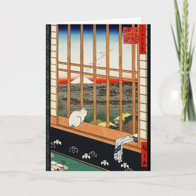 Cartão Gato na janela com vista de Mt Fuji por Hiroshige (Frente)