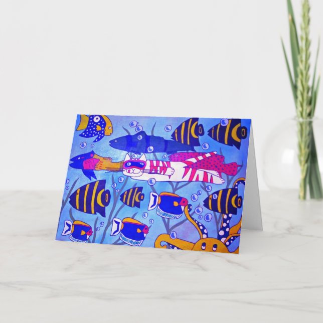 Cartão Gato Nadando com Peixe (Frente)