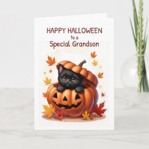 Cartão Gato Negro Bonito de Halloween de neto