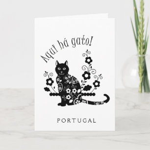 Cartão Gato negro com flores e expressão portuguesa