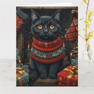 Cartão Gato Negro com Lareira de presentes de Natal