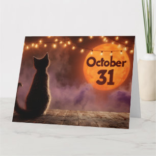 Cartão Gato Negro com Lua de Halloween de 31 de outubro
