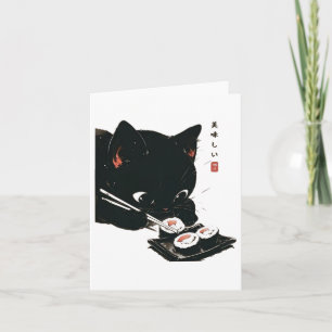 Cartão Gato Negro Comendo Sushi - Gato Japonês